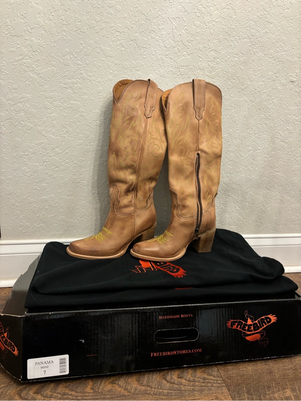 Freebird Panama Beige Leather Tall Western Boots with Stacked Heel Womens Size 7 - Picture 2 of 7